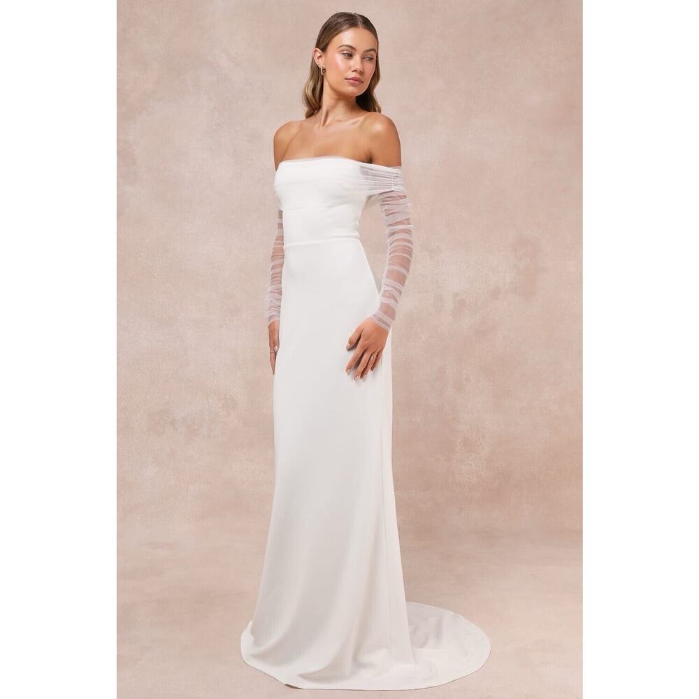 Lulus Beautifully Beloved White Mesh Off-the-Shoulder Maxi Dress Size XS Bride - Picture 2 of 7